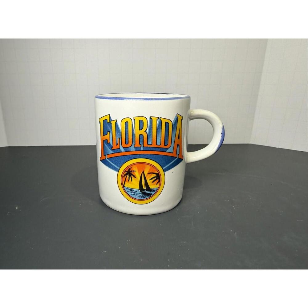 Vintage Florida Souvenir Mug Ceramic Sailboat Palm Trees 2.75" Collectible‎ Cup